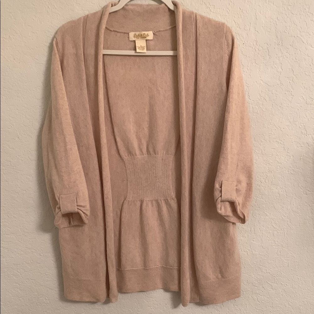 Peck & Peck Women's Beige Sweater 3/4 Sleeve Cardigan Open Front Size Small